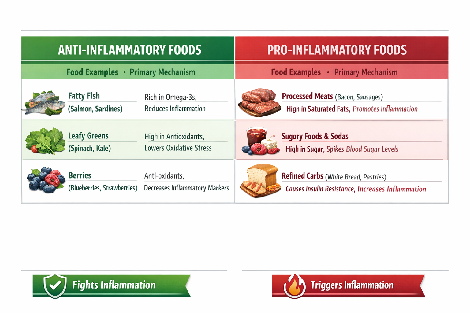 Comparison table infographic: Anti-inflammatory foods vs. Pro-inflammatory foods, two-column layout with color coding (green