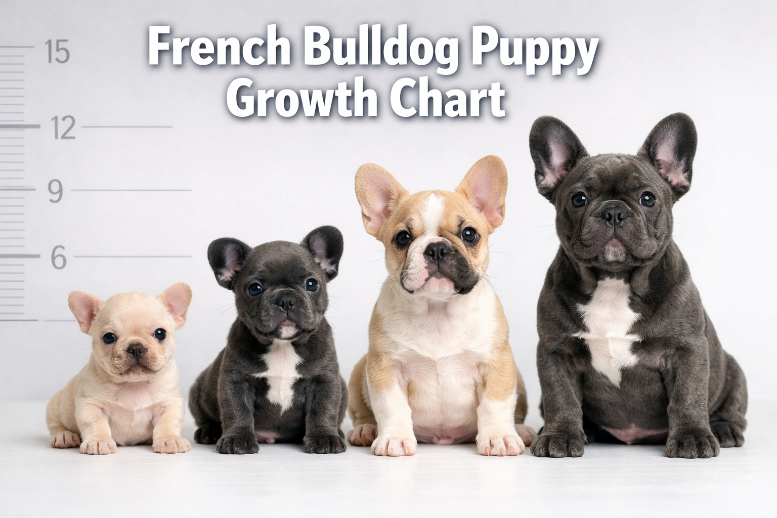 Professional landscape format (1536x1024) hero image with bold text overlay 'French Bulldog Puppy Growth Chart' in 70pt white sans-serif fon