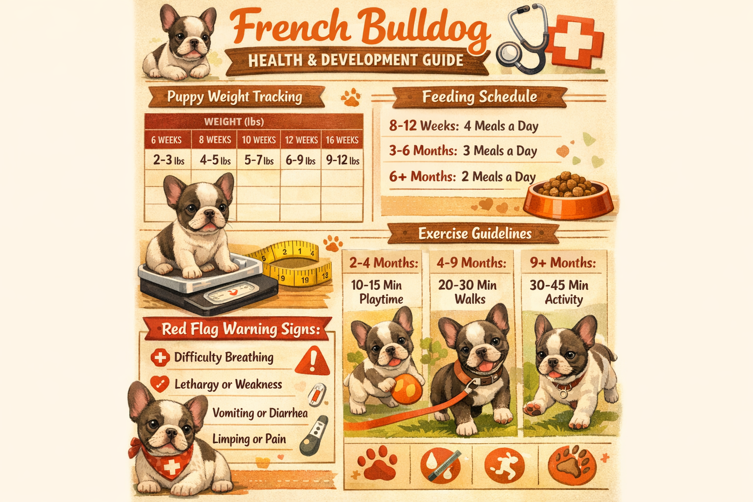 Portrait format (1024x1536) comprehensive French Bulldog health and development monitoring guide. Visual checklist featuring puppy weight tr