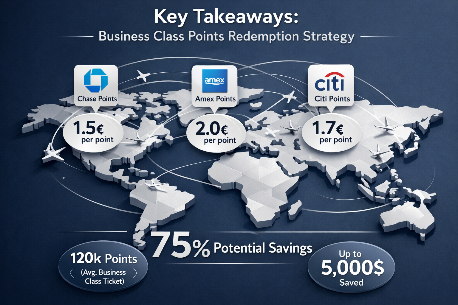 Infographic-style visualization for 'Key Takeaways' section representing business class points redemption strategy, featuring a sleek isomet