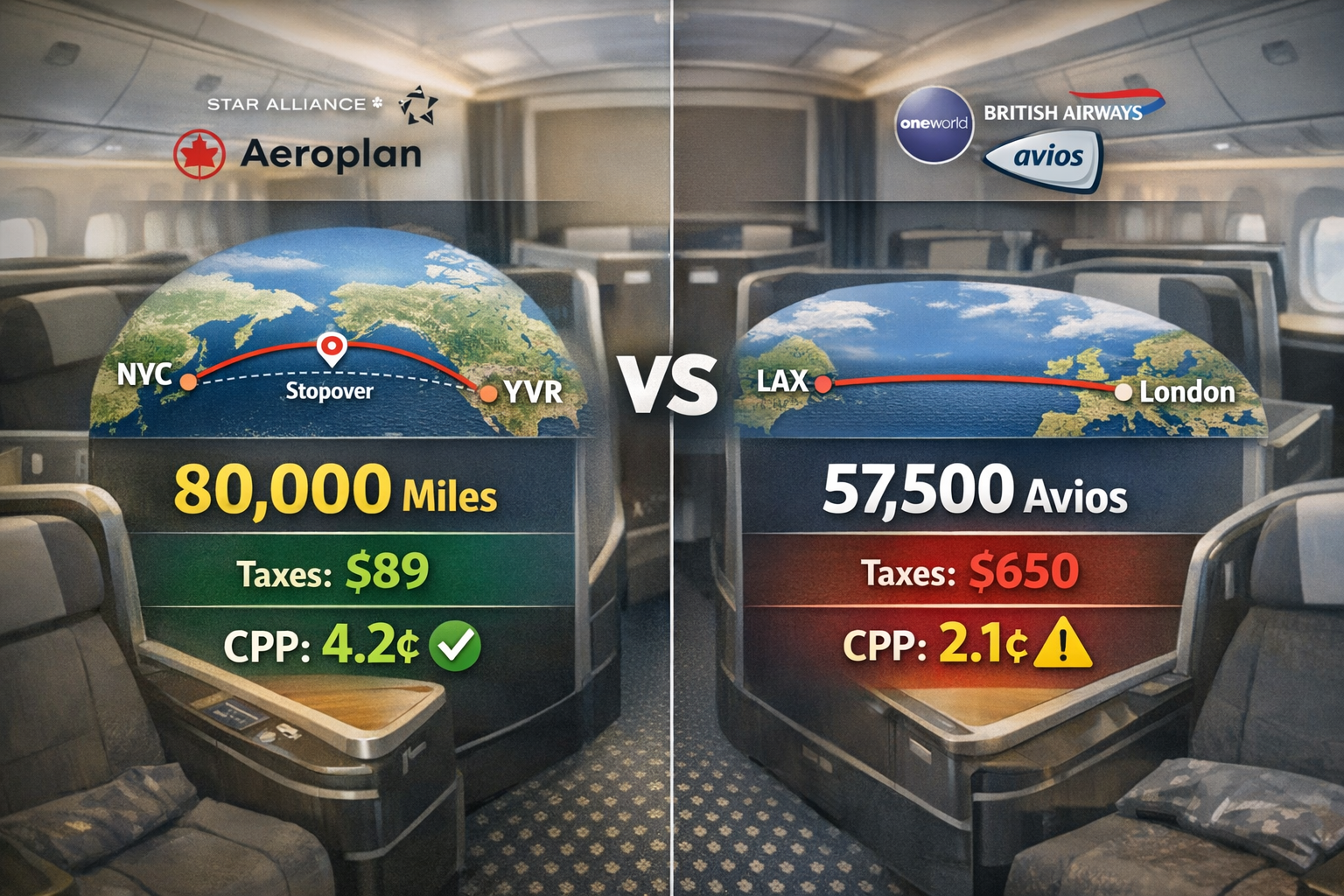 Detailed landscape image (1536x1024) showing side-by-side comparison of two real-world business class redemption examples. Left side: Star A