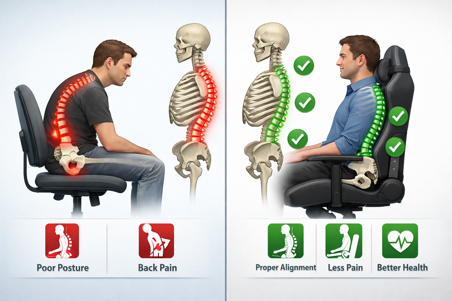 Landscape format (1536x1024) split-screen comparison image showing Musso H80 Pro chair benefits: left side displays person sitting with poor