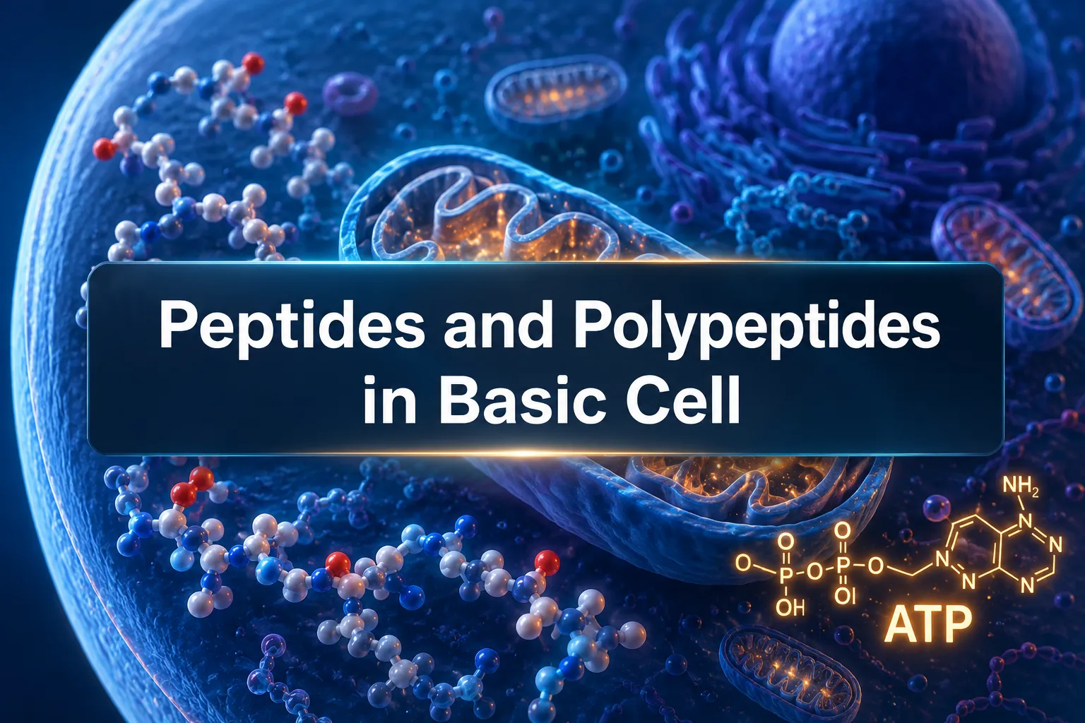 Professional landscape hero image () with a reading "Peptides and Polypeptides in Basic Cell". CRITICAL TYPOGRAPHY RULES: