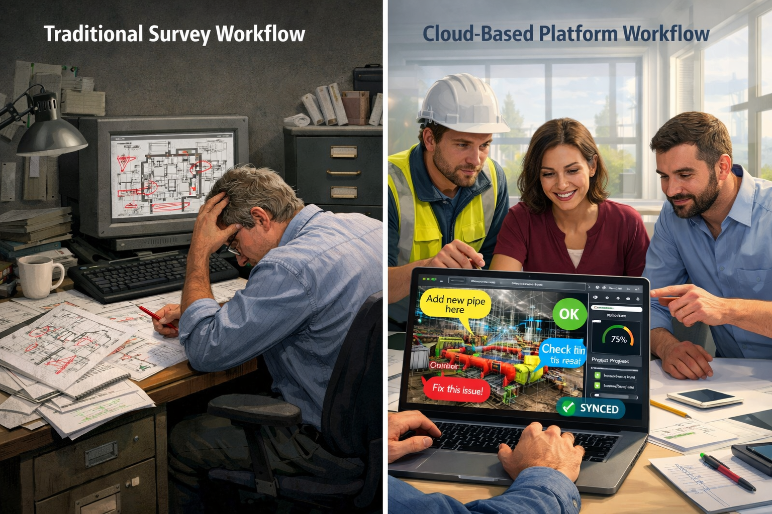 Detailed landscape format (1536x1024) image showing side-by-side comparison of traditional survey workflow versus cloud-based platform workf