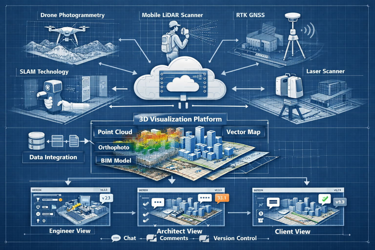 Comprehensive landscape format (1536x1024) technical illustration displaying cloud-based survey platform architecture with multiple data int