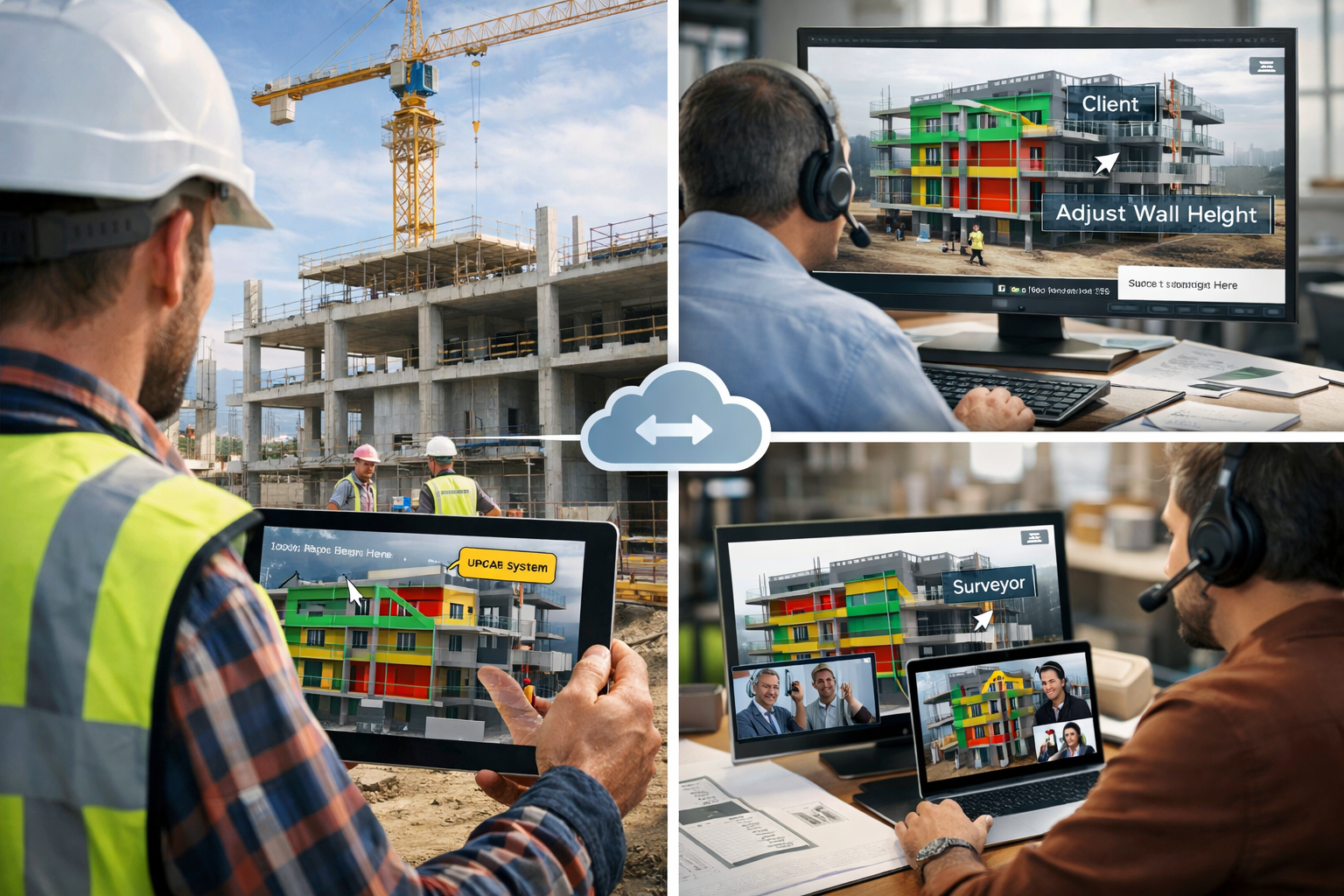 Detailed landscape format (1536x1024) image showcasing modern construction site with digital workflow integration. Foreground shows surveyor