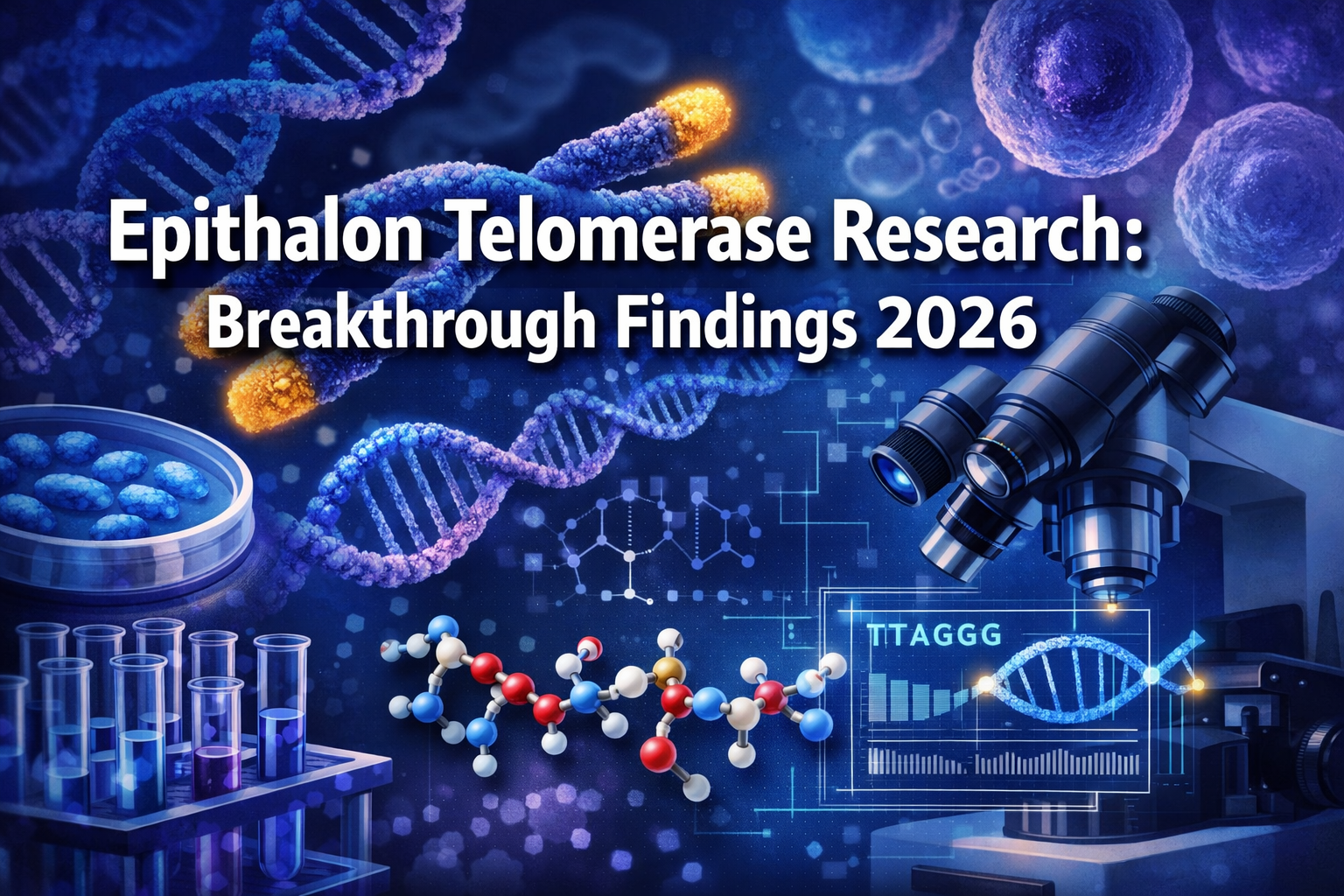 Professional landscape format (1536x1024) scientific hero image with bold text overlay 'Epithalon Telomerase Research: Breakthrough Findings