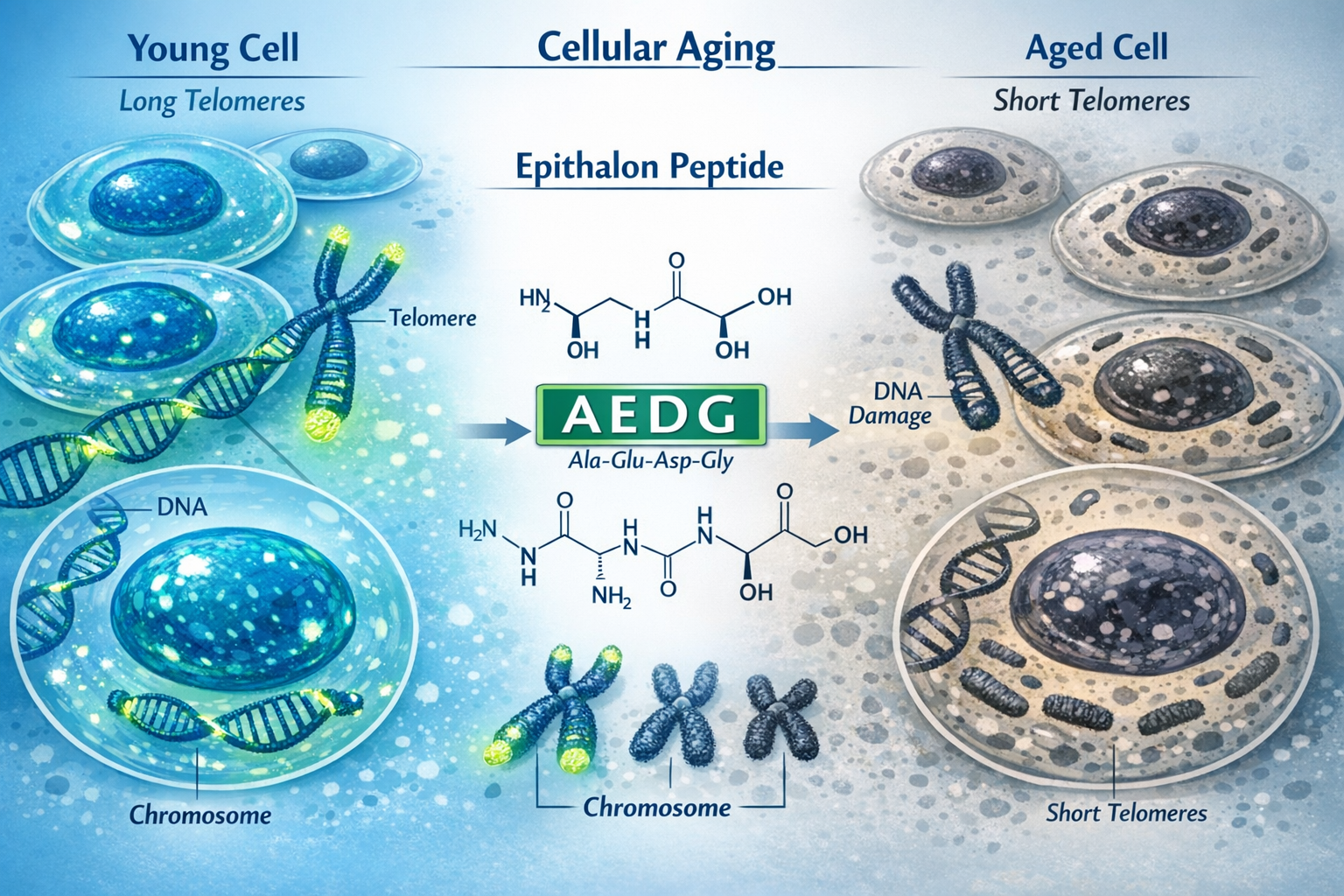 Detailed landscape format (1536x1024) image showing cellular aging process and telomere shortening mechanism. Split-screen composition with