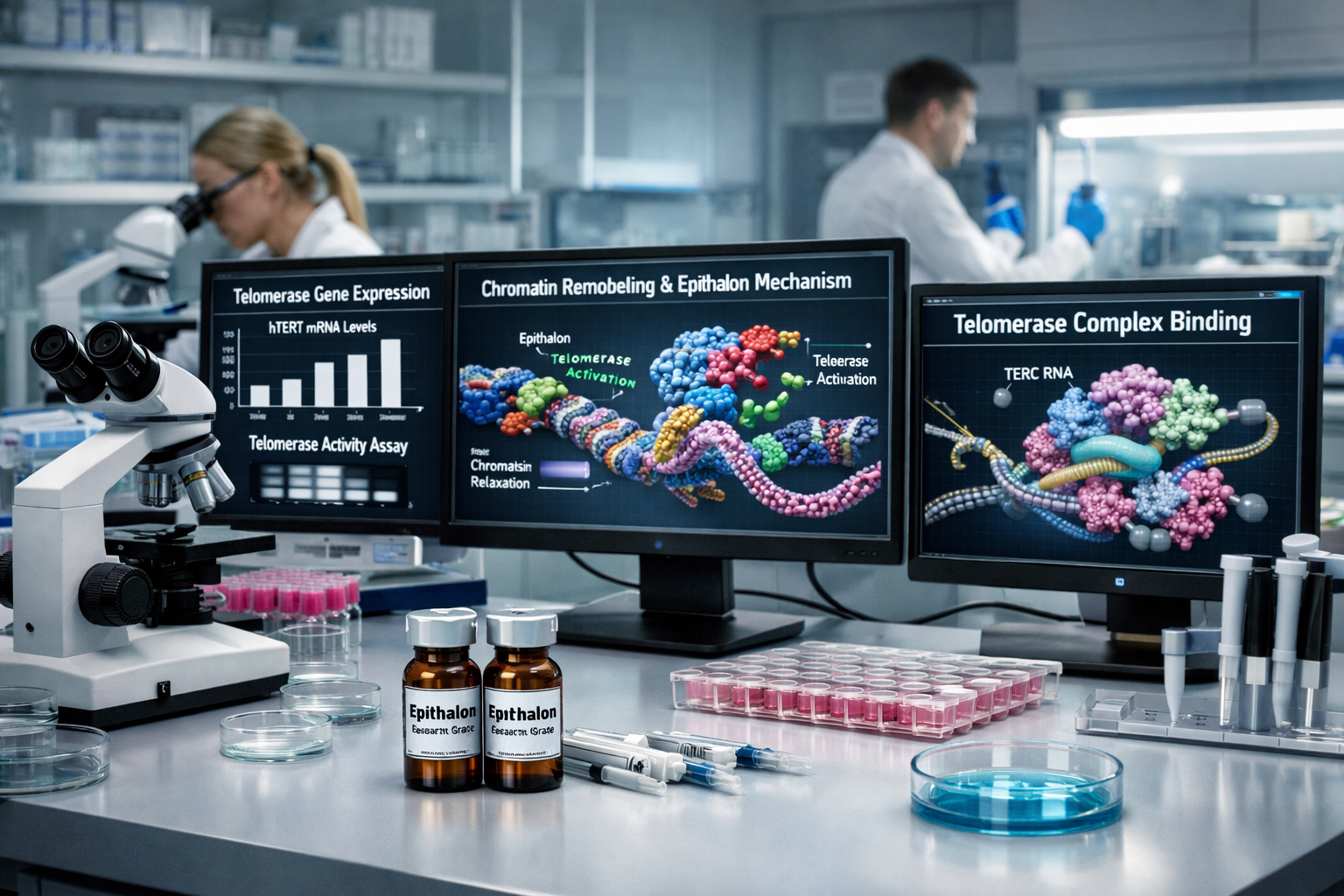 Professional landscape format (1536x1024) research laboratory scene focused on telomerase enzyme activity and epithalon mechanism studies. L