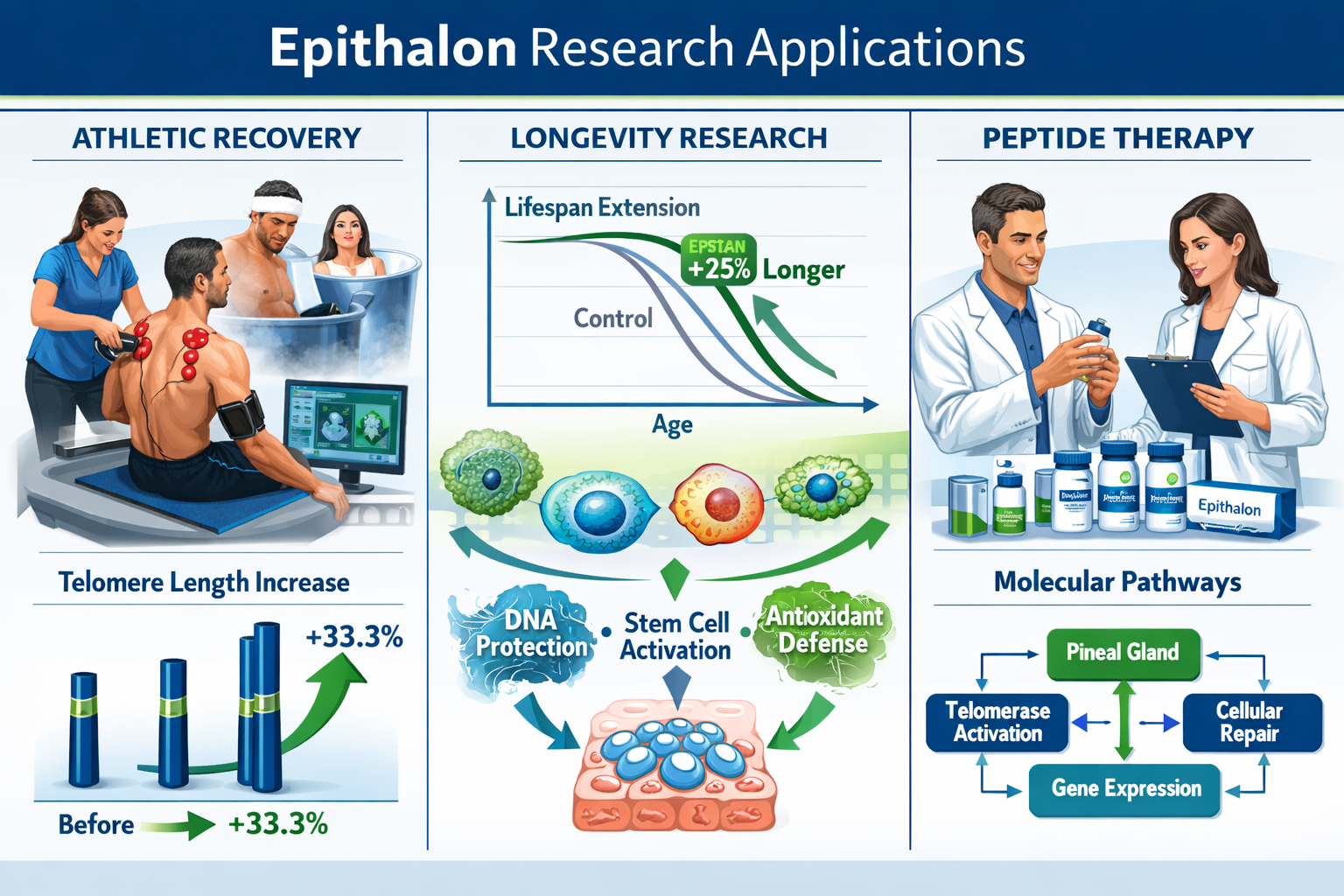 Comprehensive landscape format (1536x1024) infographic displaying epithalon research applications across fitness, longevity, and peptide the