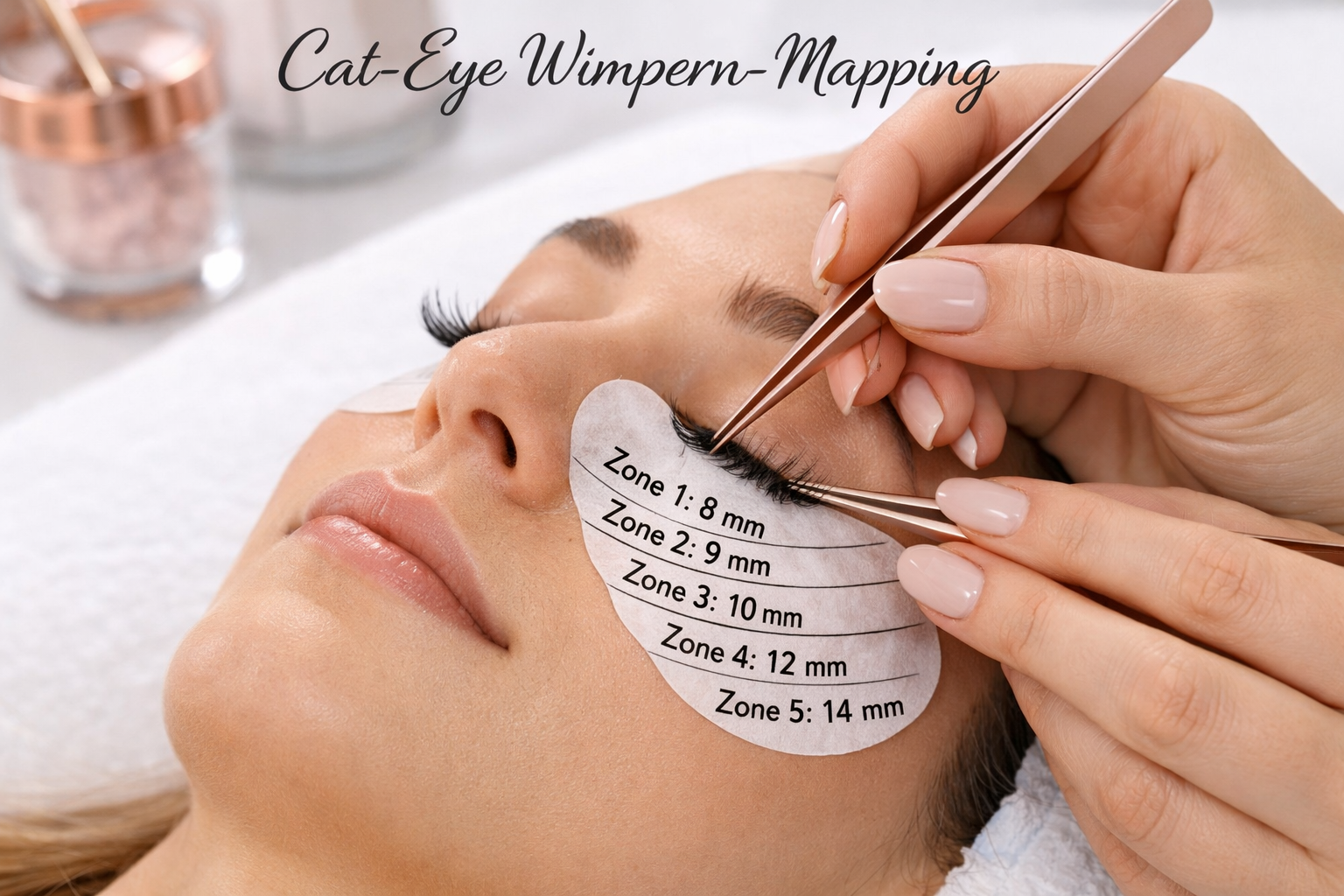 Detailed () image showing a professional lash artist's hands performing precise cat eye lash mapping on a client lying on a