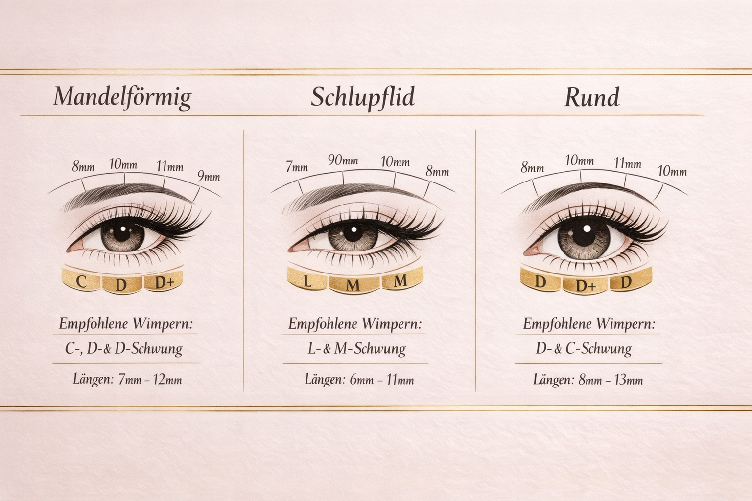 Detailed () comparison infographic showing three eye shapes side by side: Mandelförmige Augen, Schlupflider, and Runde