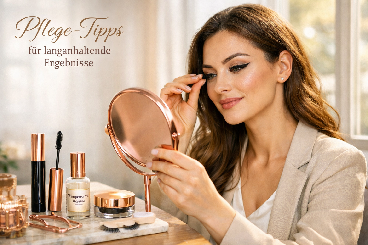 Detailed () lifestyle image showing a confident woman in her early 30s touching her perfectly styled cat eye lashes while