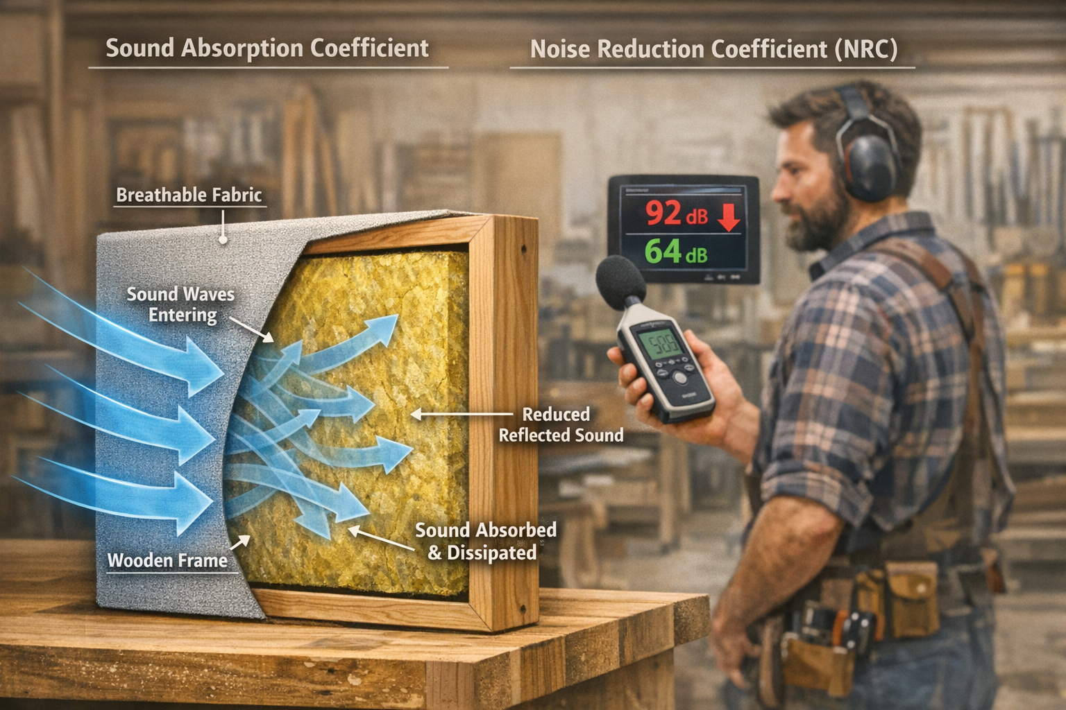 Detailed () image illustrating the science behind sound absorption in a woodworking shop. The foreground shows a