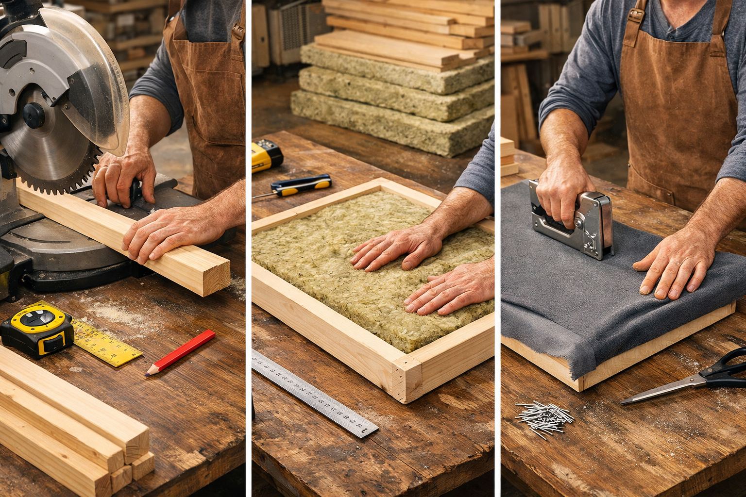 Detailed () image showcasing the step-by-step construction of a DIY acoustic panel. The image is split into three distinct,