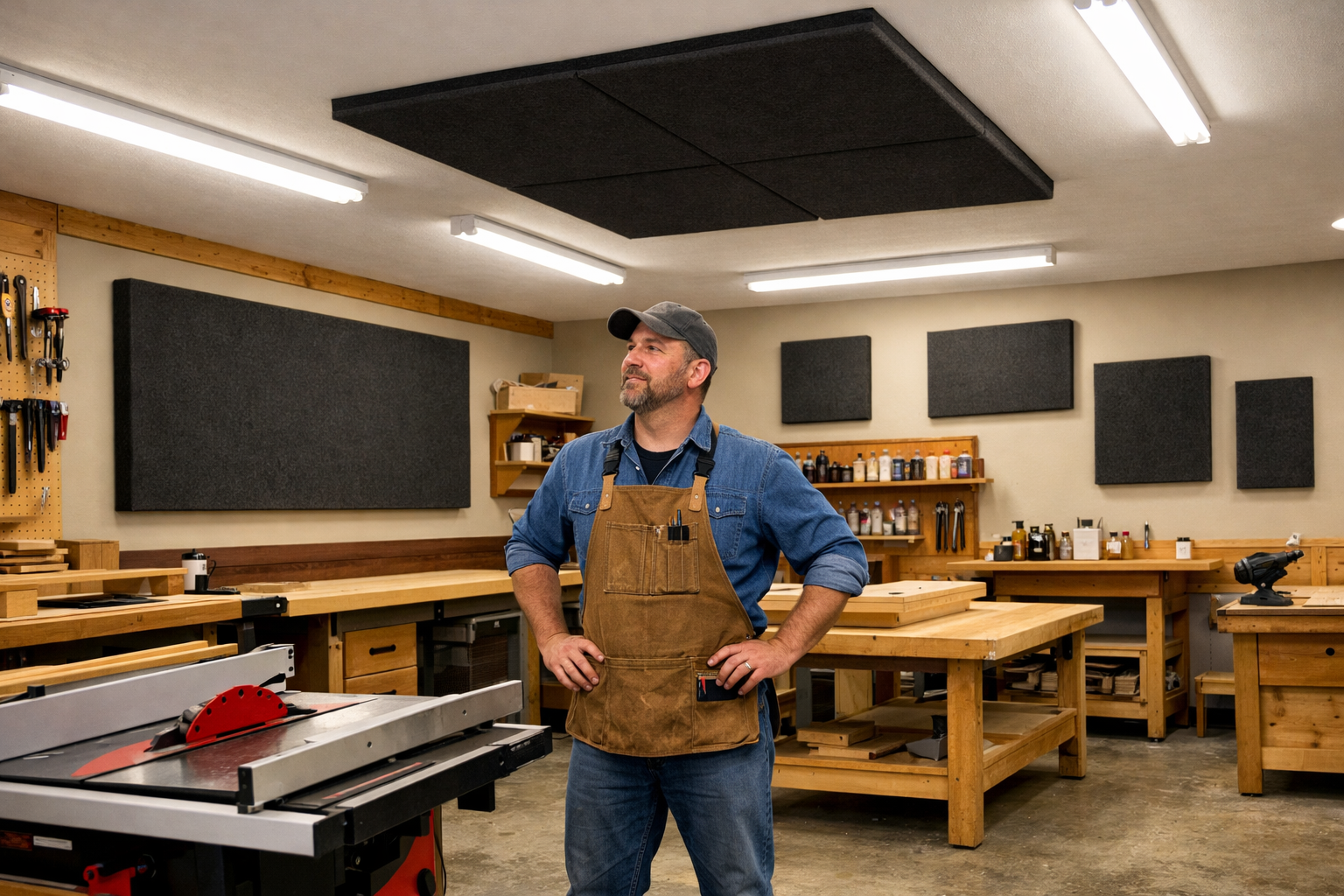 Detailed () image demonstrating strategic placement of DIY acoustic panels in a woodworking shop. The scene features a