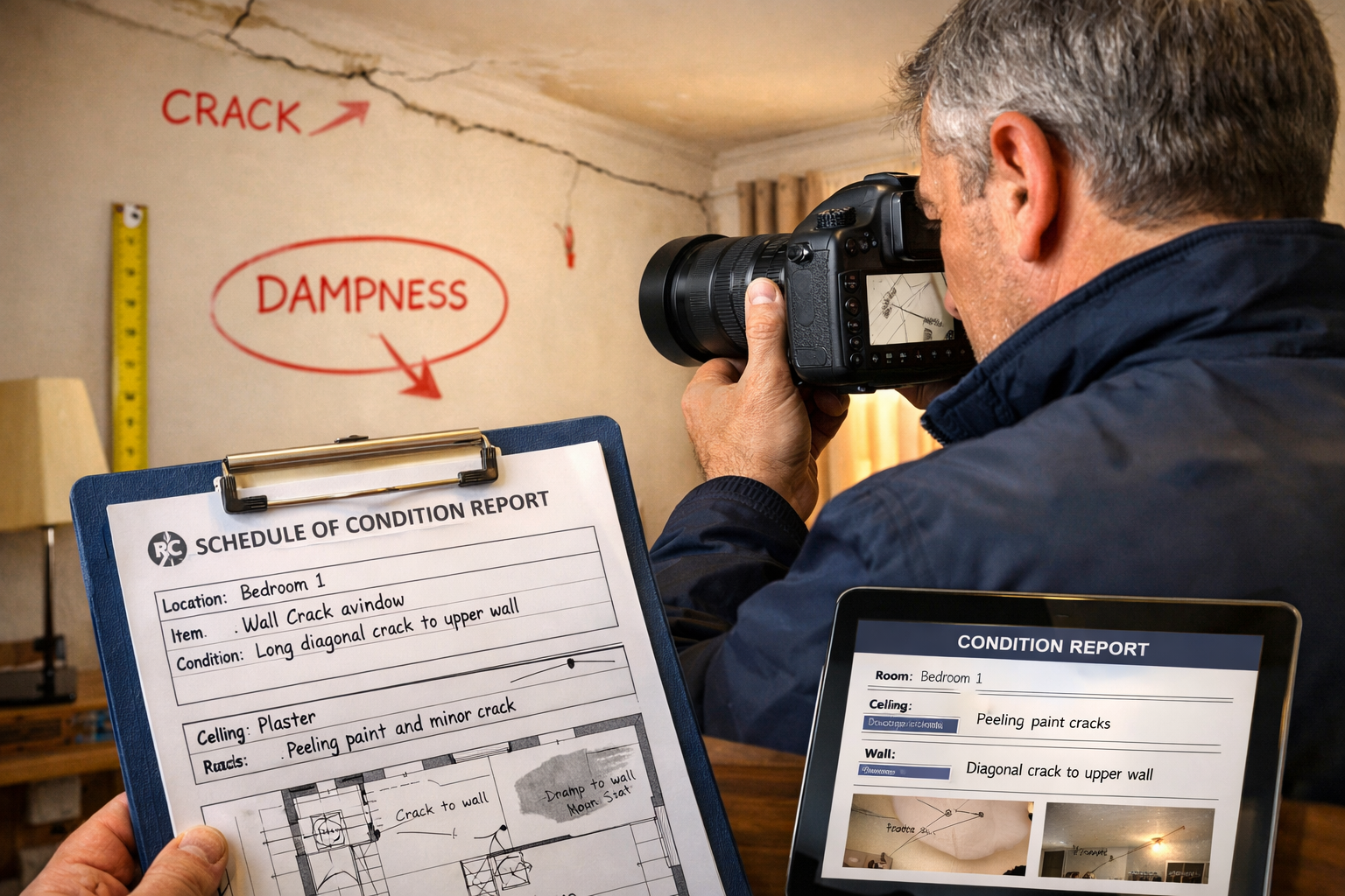 Detailed () image showing a professional RICS-qualified surveyor conducting a Schedule of Condition survey inside a