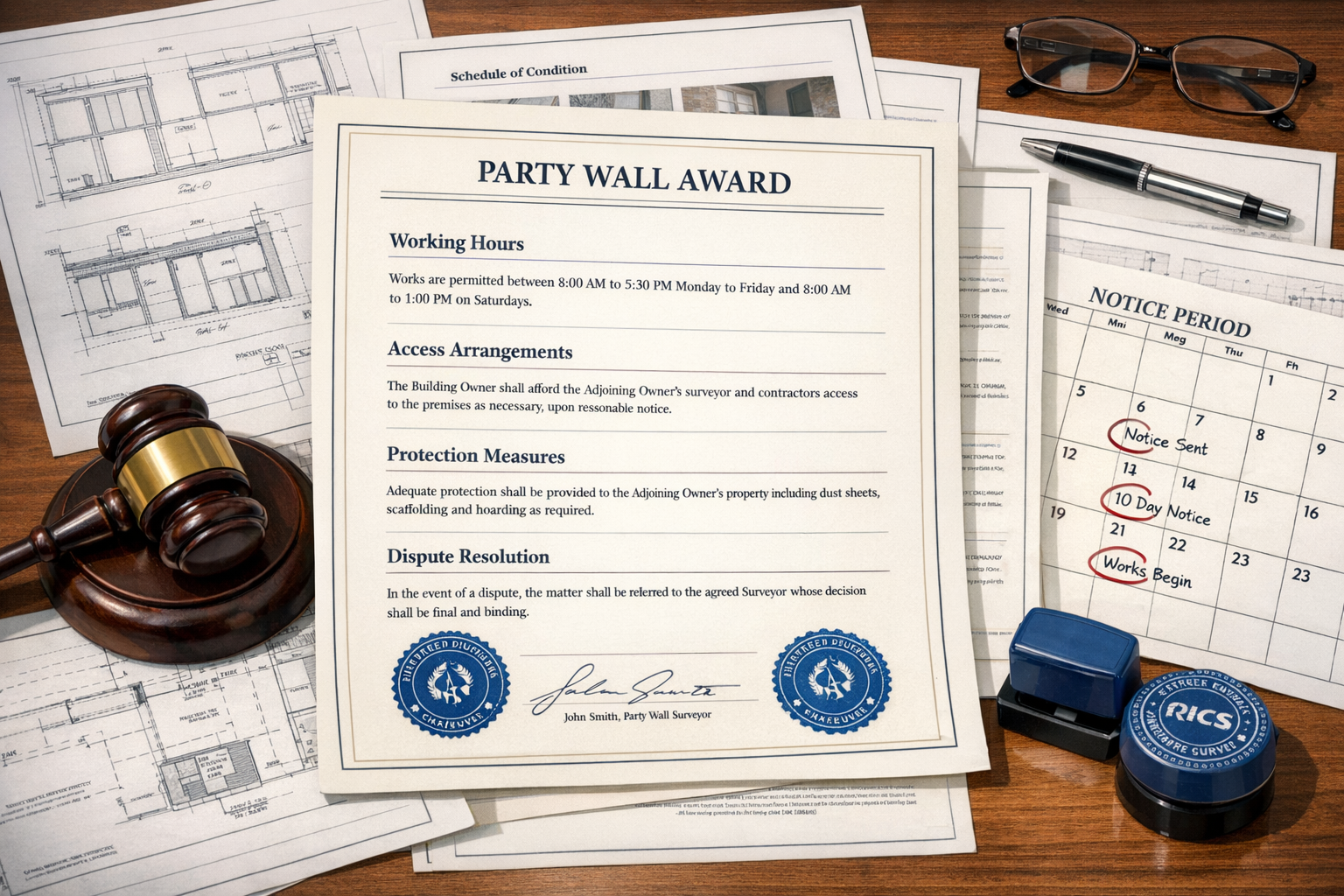 Detailed () image displaying a comprehensive Party Wall Award document spread across a desk with multiple pages visible