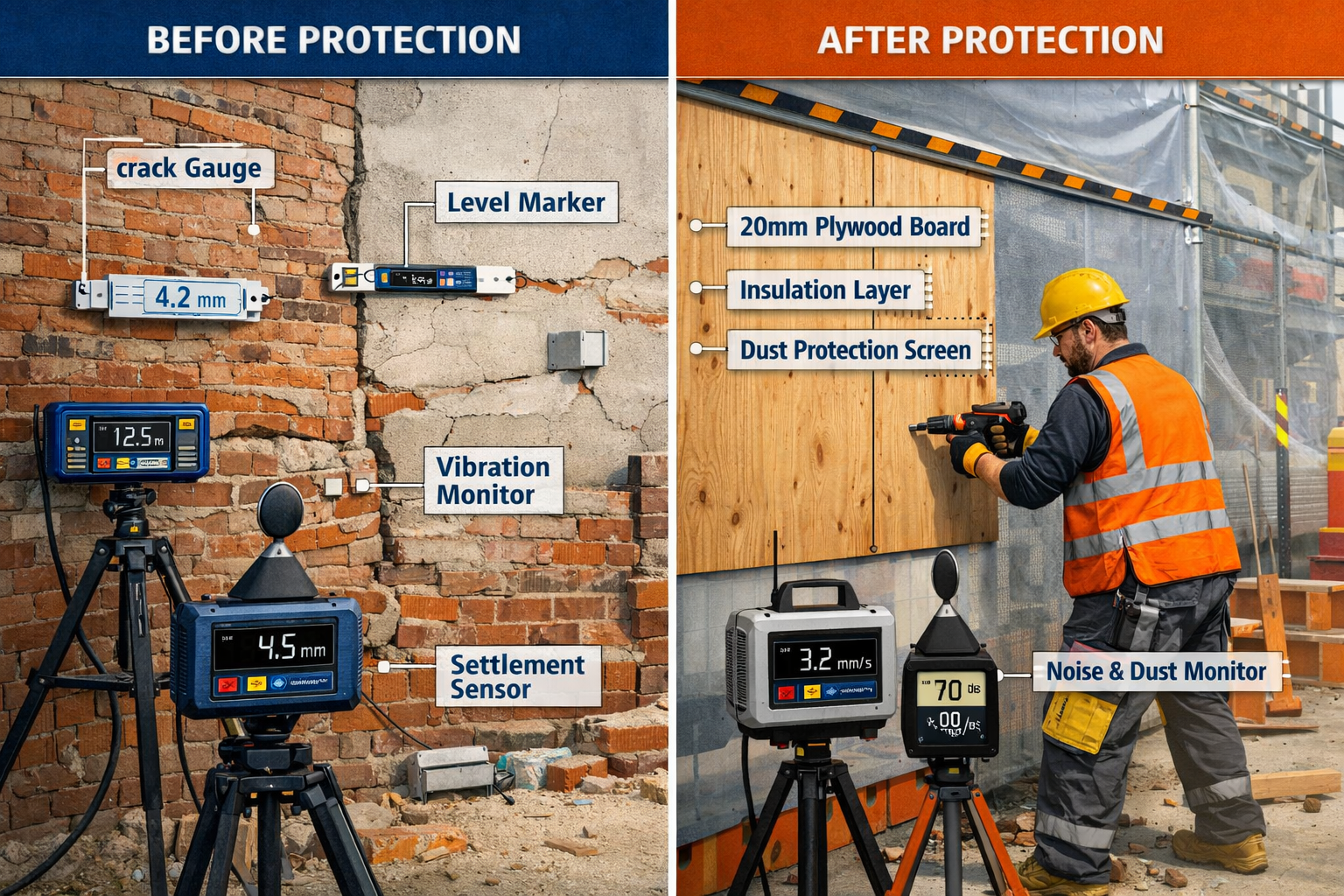 Detailed () image illustrating protective construction measures at a party wall site. Split-screen composition showing