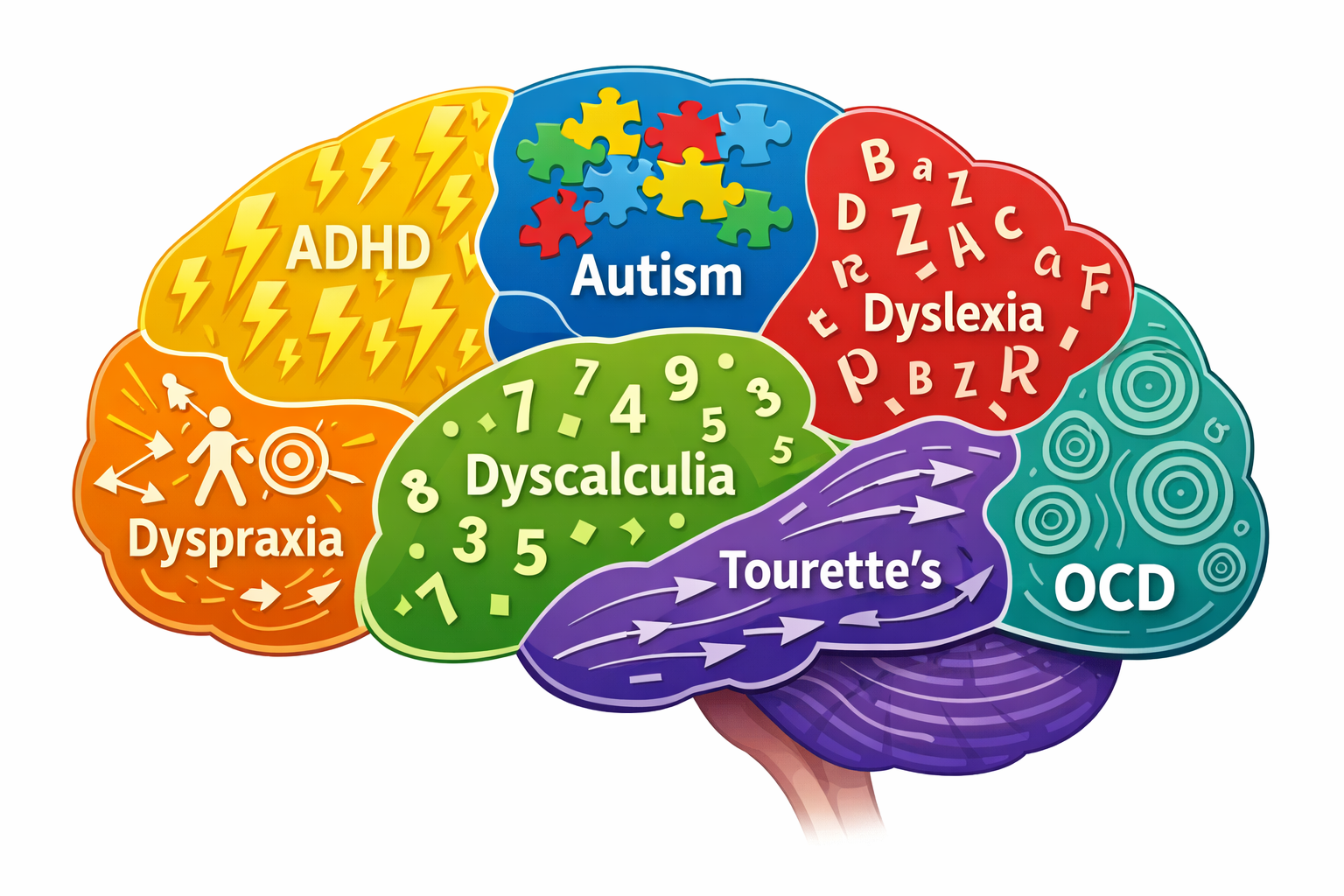 () infographic showing common neurodivergent conditions as interconnected colorful brain regions with labels for ADHD,