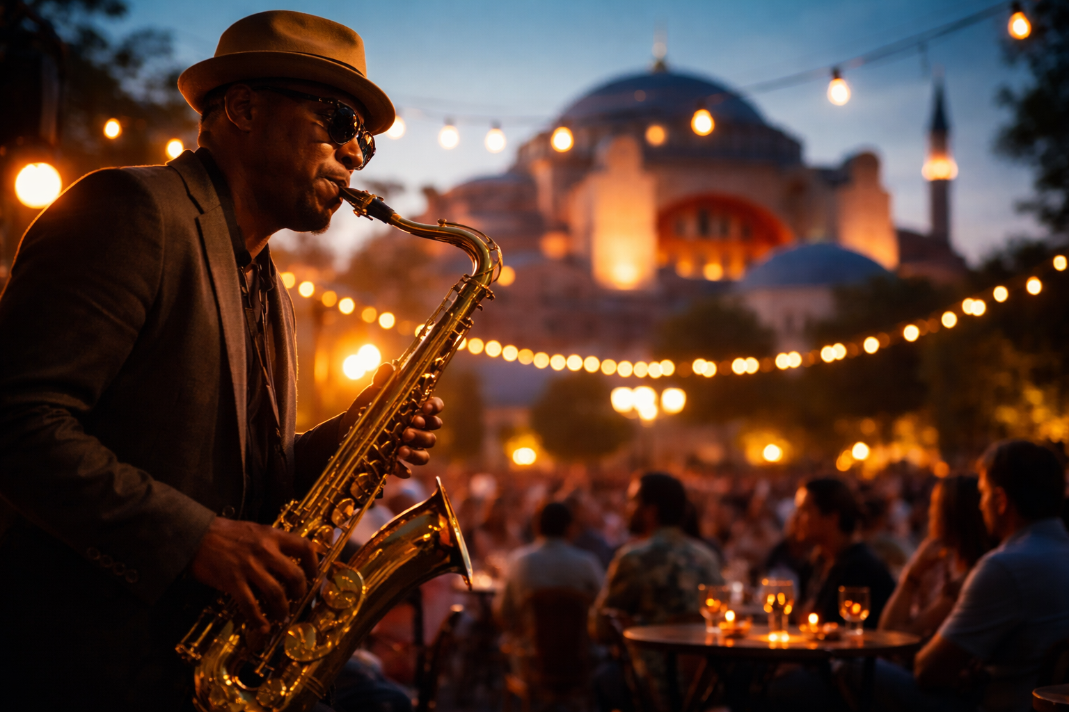 () editorial image of the Istanbul Jazz Festival 2026 atmosphere: a close-up of a saxophone player performing on an outdoor