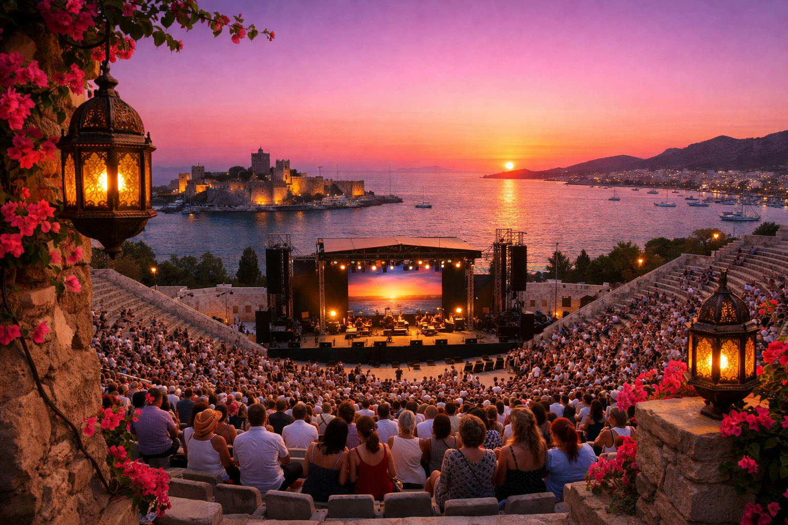 () aerial-perspective editorial image of Bodrum's iconic whitewashed amphitheater (Castle of St. Peter visible in distance)
