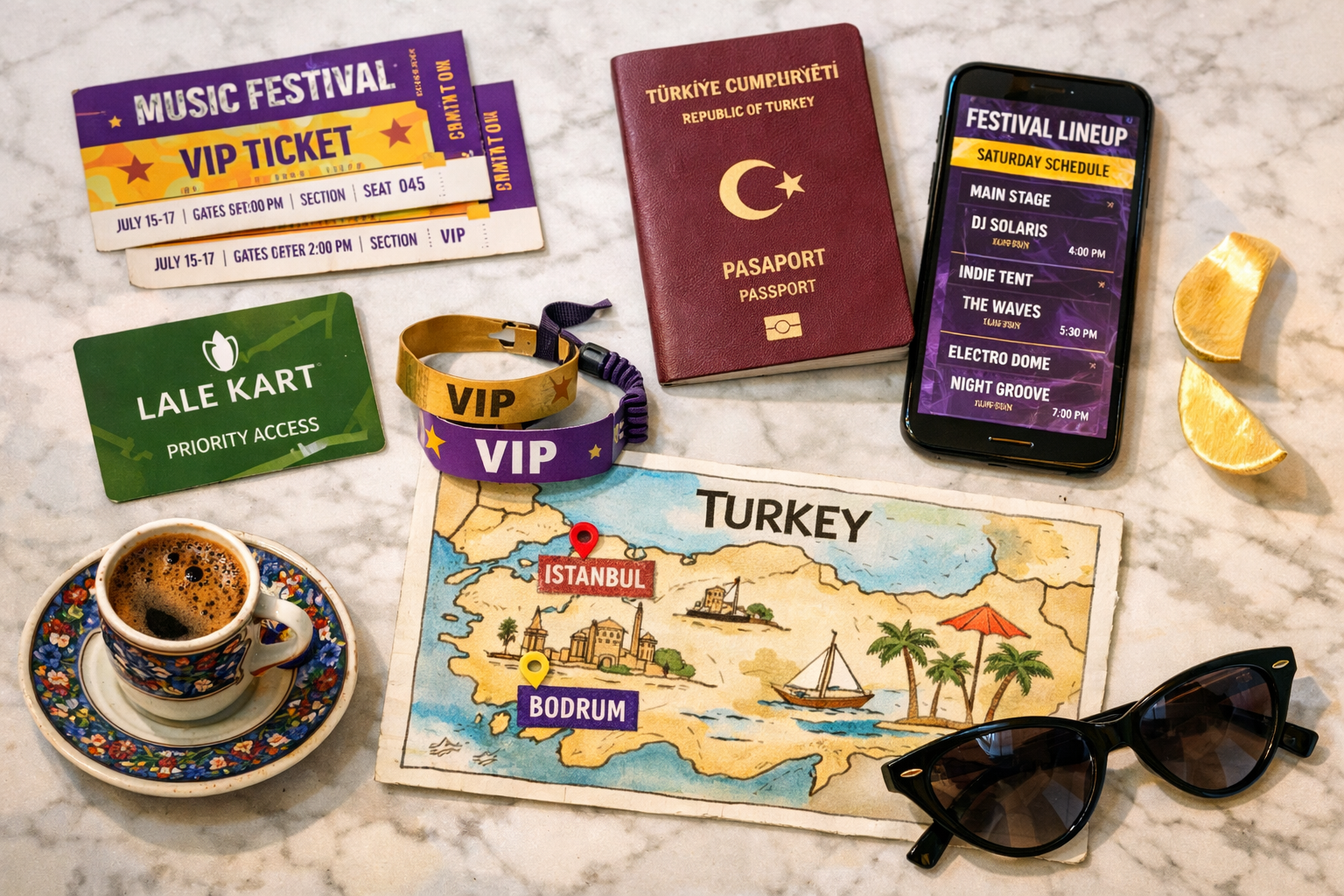 () stylized flat-lay planning scene for festival travel: a marble tabletop with printed concert tickets, a Turkish passport,