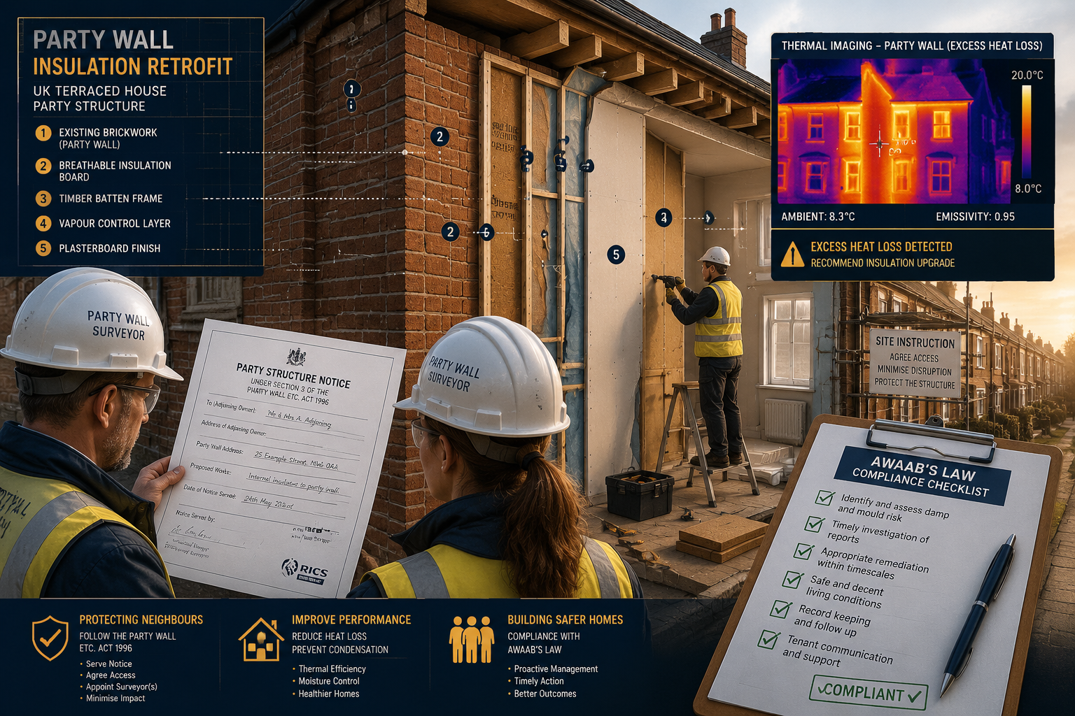 Detailed () illustration showing a UK terraced house party wall cross-section with insulation retrofit installation in