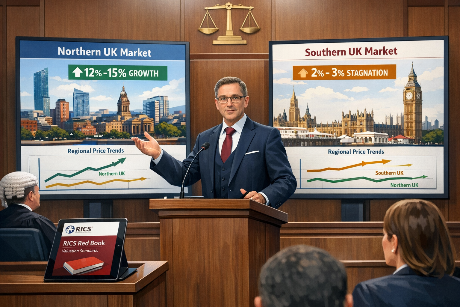 Detailed landscape format (1536x1024) illustration showing professional expert witness in formal attire presenting evidence in modern courtr