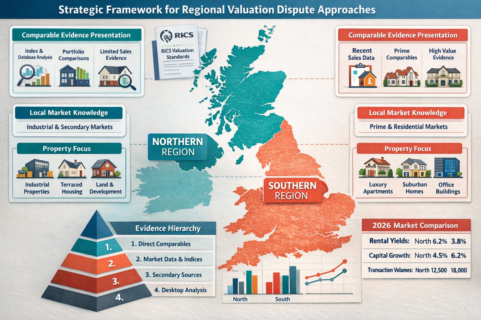 Detailed landscape format (1536x1024) infographic-style image displaying strategic framework for regional valuation dispute approaches. Visu