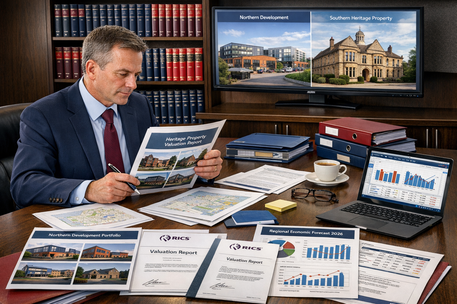 Detailed landscape format (1536x1024) professional composition showing courtroom preparation scene with expert witness reviewing comprehensi