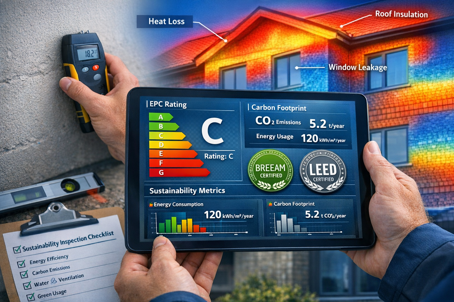 Detailed () image showing professional surveyor conducting building inspection with digital tablet displaying sustainability