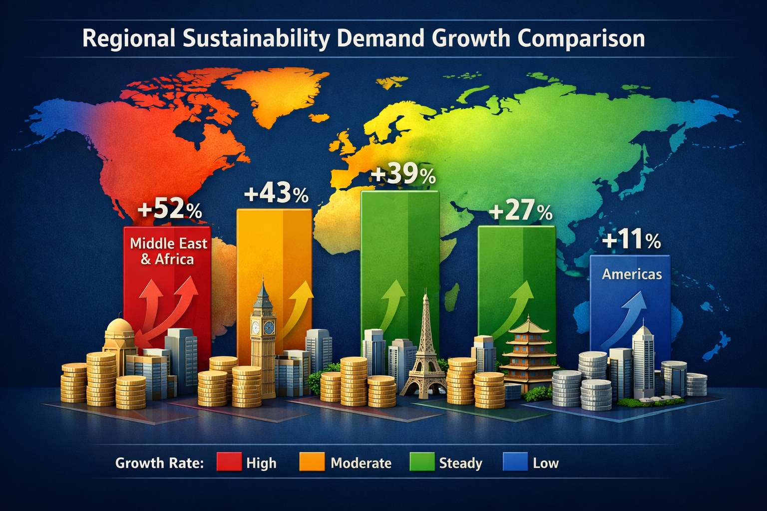 Detailed () infographic-style image displaying regional sustainability demand growth comparison across global markets. Large