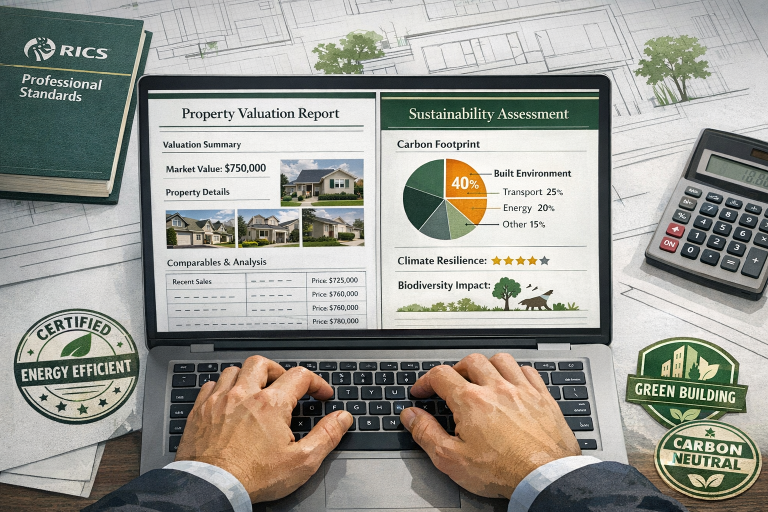 Detailed () conceptual image showing carbon assessment integration in property valuation process. Split-screen composition: