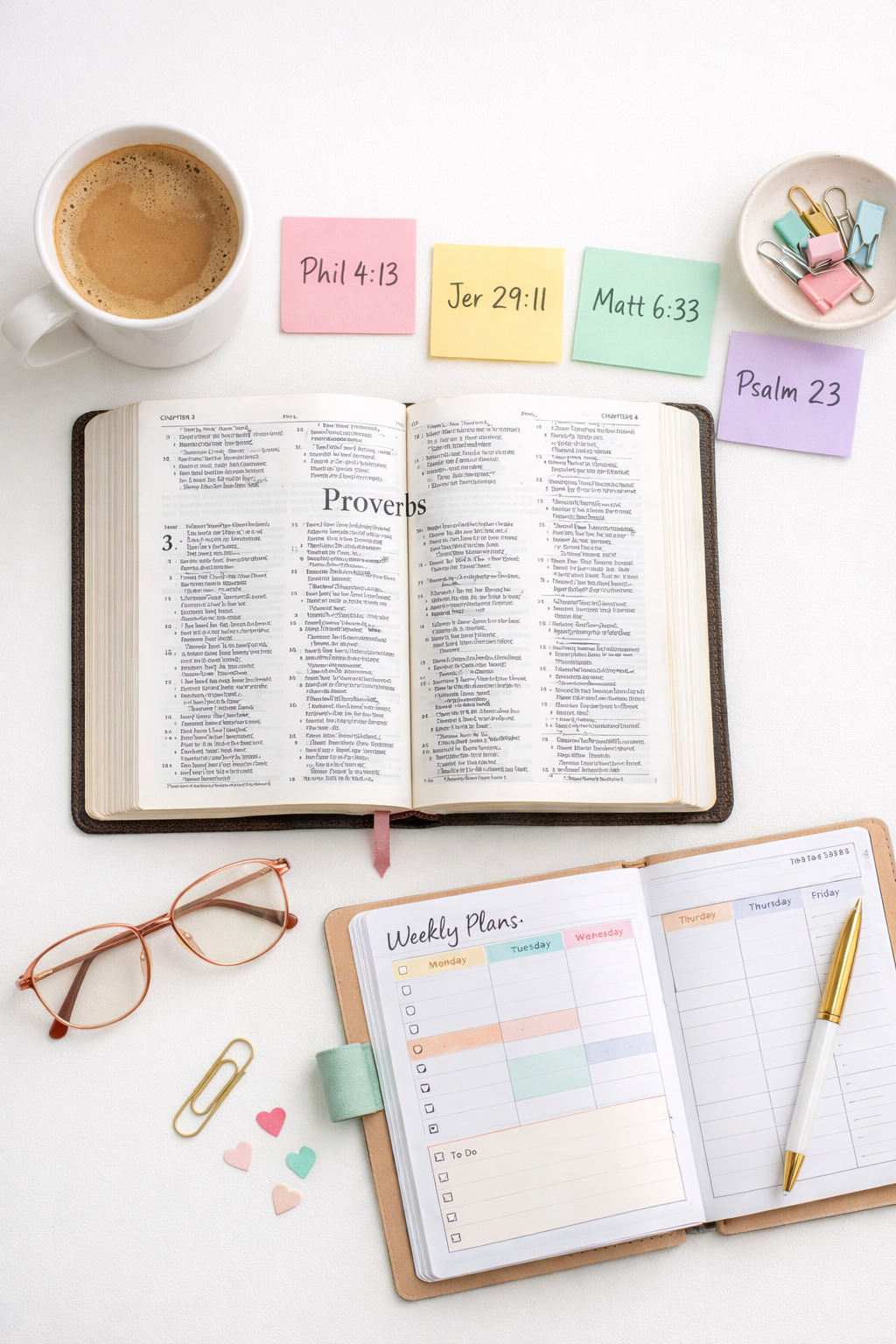 Portrait/Pinterest format () overhead flat-lay photograph of a student desk arrangement featuring an open Bible turned to