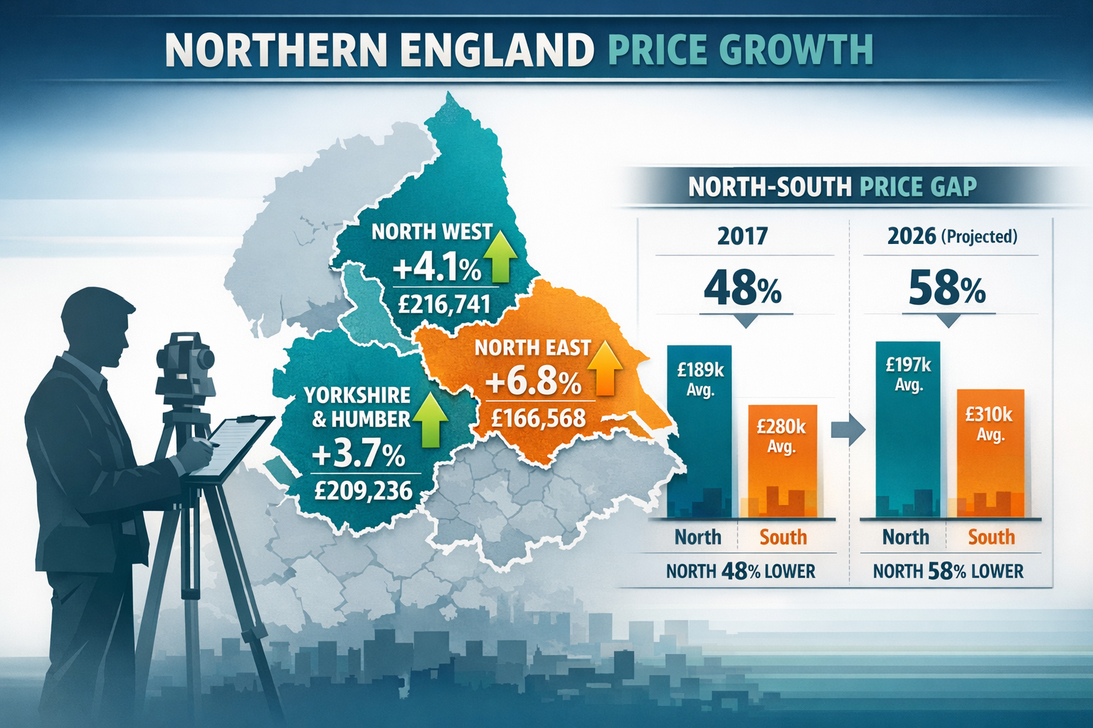 Landscape format (1536x1024) detailed infographic showing Northern England regional map with color-coded price growth zones. Features Yorksh