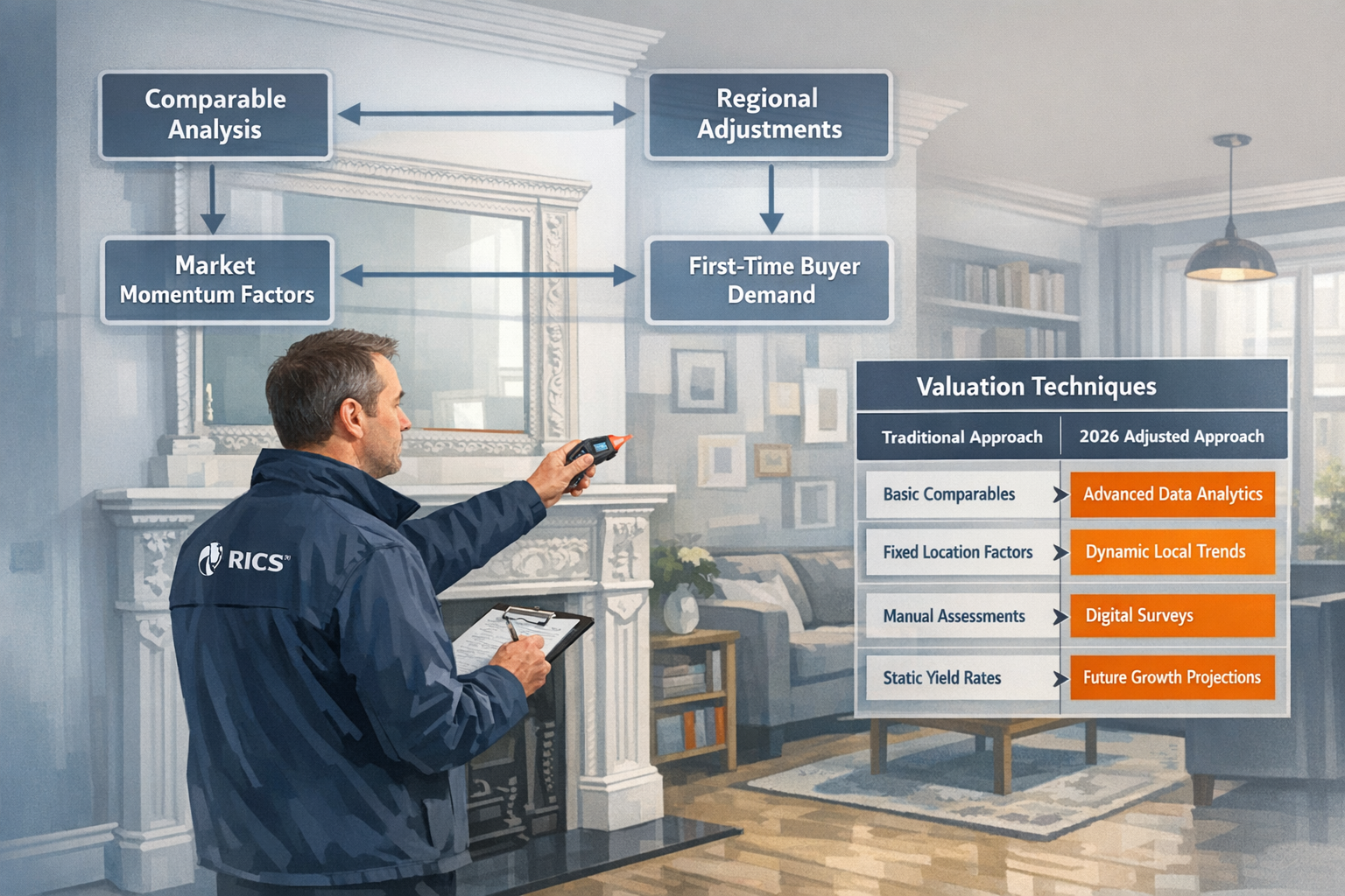 Landscape format (1536x1024) conceptual illustration showing RICS chartered surveyor conducting property inspection in renovated Northern te