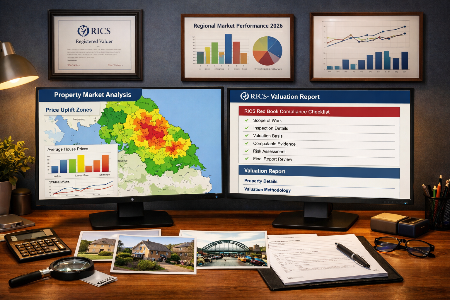 Landscape format (1536x1024) professional scene showing modern surveyor office workspace with dual monitors displaying property valuation so