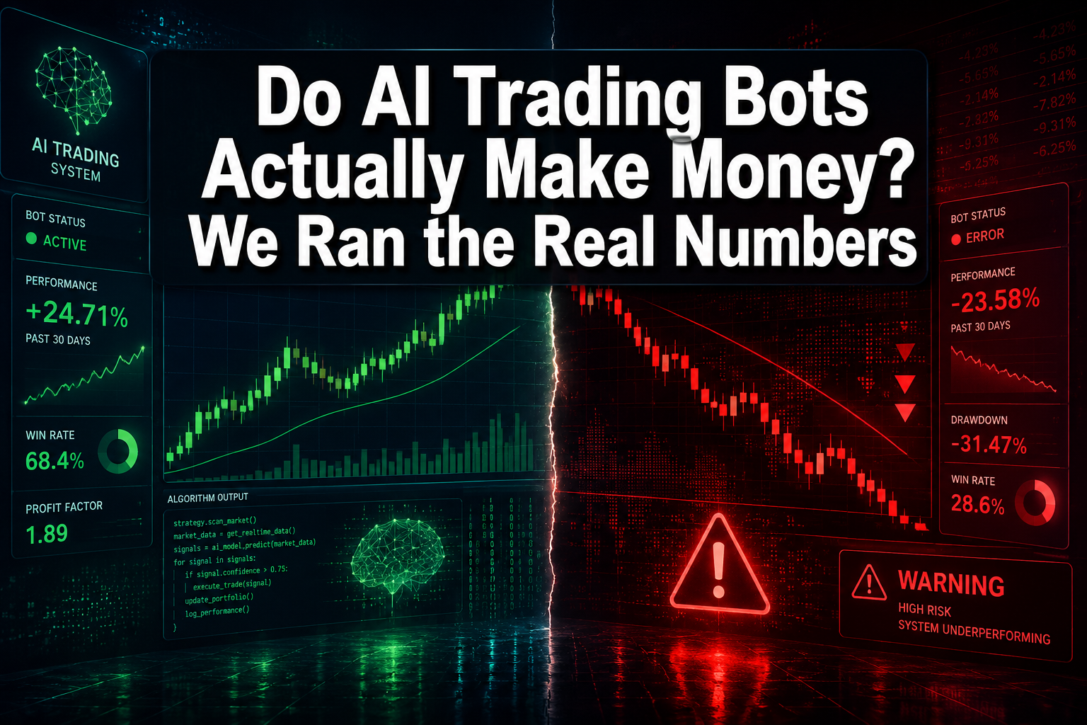 Professional () hero image with : 'Do AI Trading Bots Actually Make Money? We Ran the Real Numbers' in extra large white