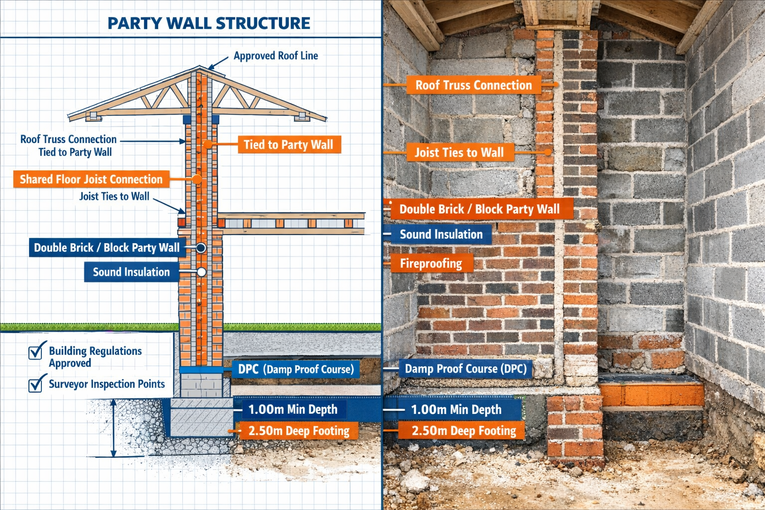 () editorial image showing detailed cross-section diagram of party wall structure in multi-unit residential building, with