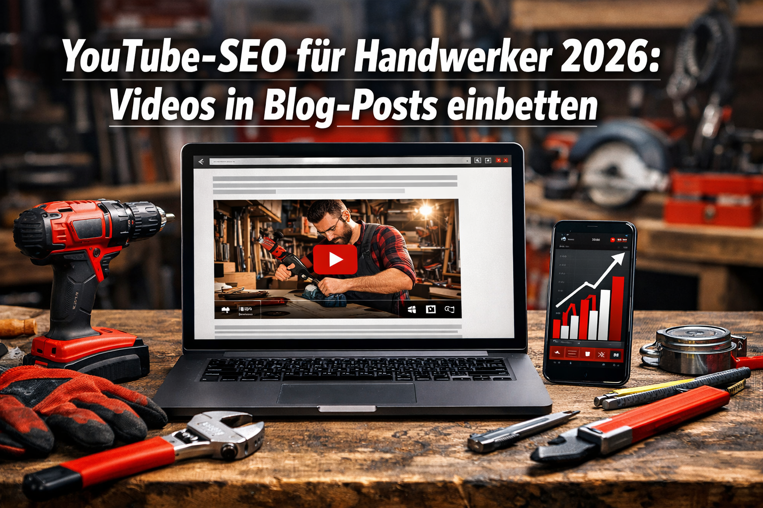 Professionelles Querformat () Hero-Bild mit fettgedrucktem Text-: 'YouTube-SEO für Handwerker 2026: Videos in Blog-Posts