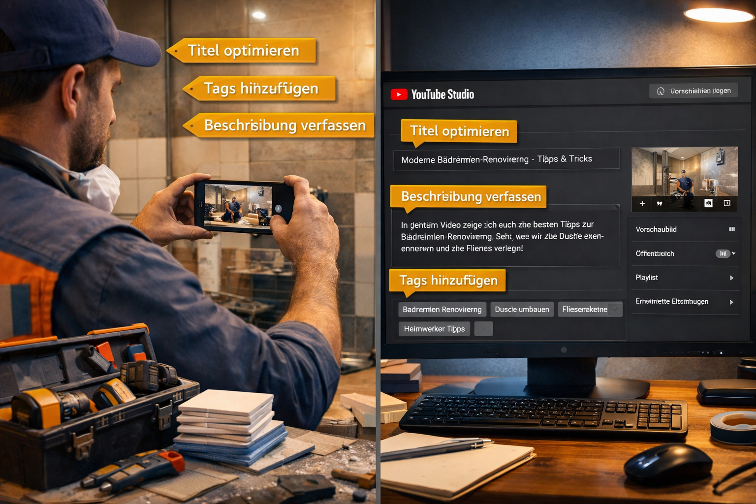 Detailliertes Querformat () zeigt Split-Screen-Komposition: Links Handwerker mit Smartphone, der Badezimmer-Renovierung