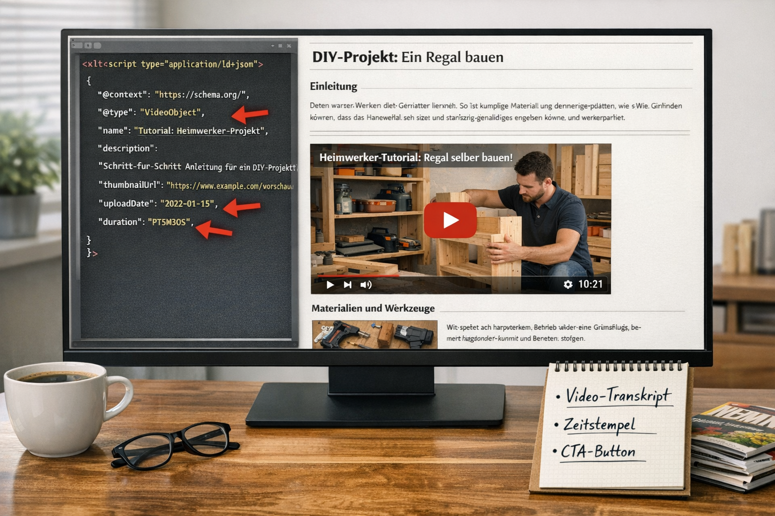 Detailliertes Querformat () illustriert Blog-Post-Struktur auf großem Monitor: Artikel-Layout mit eingebettetem