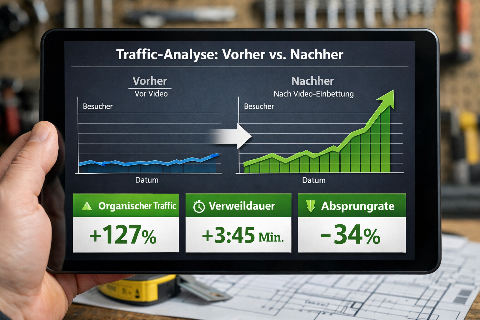 Detailliertes Querformat () präsentiert Analytics-Dashboard auf Tablet: Zwei Graphen im Vergleich – vorher/nachher