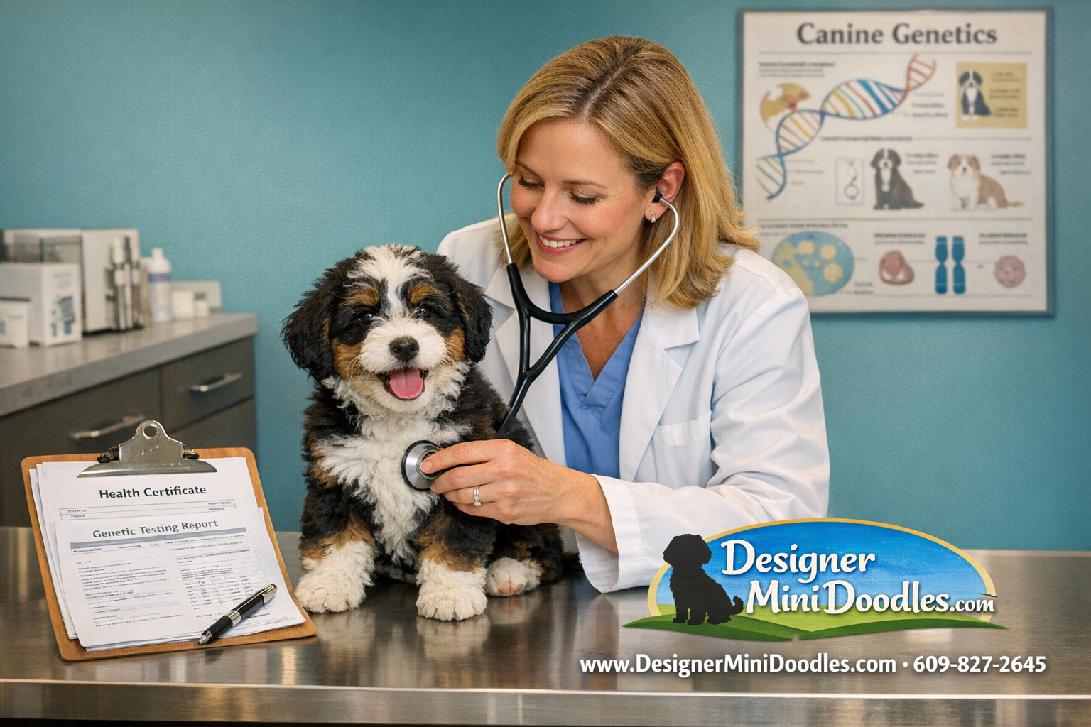 () professional photograph of a veterinarian in a white coat examining a mini bernedoodle puppy on a stainless steel exam