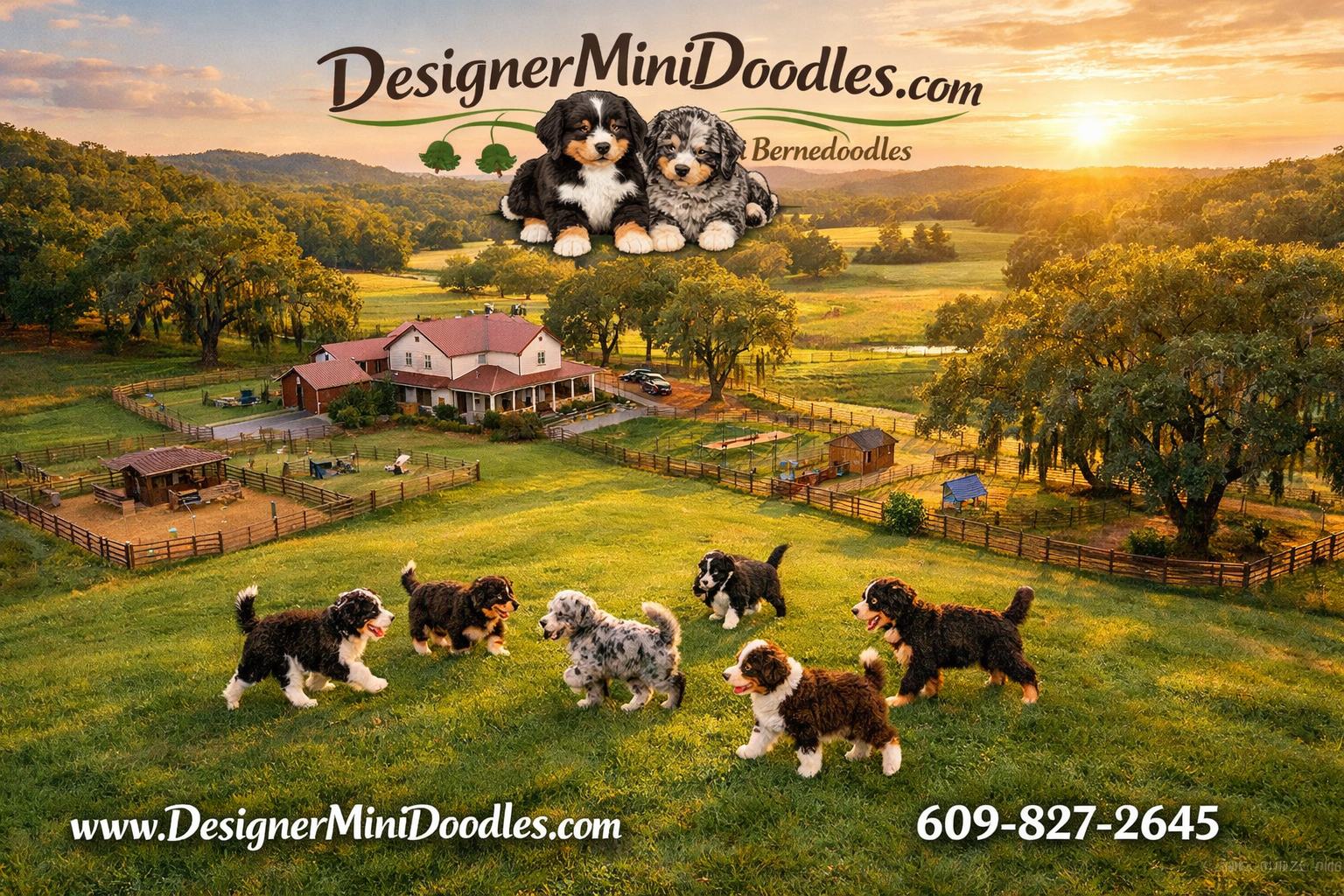 () aerial view of the Alabama countryside with rolling green hills, a charming farmhouse property with fenced puppy play