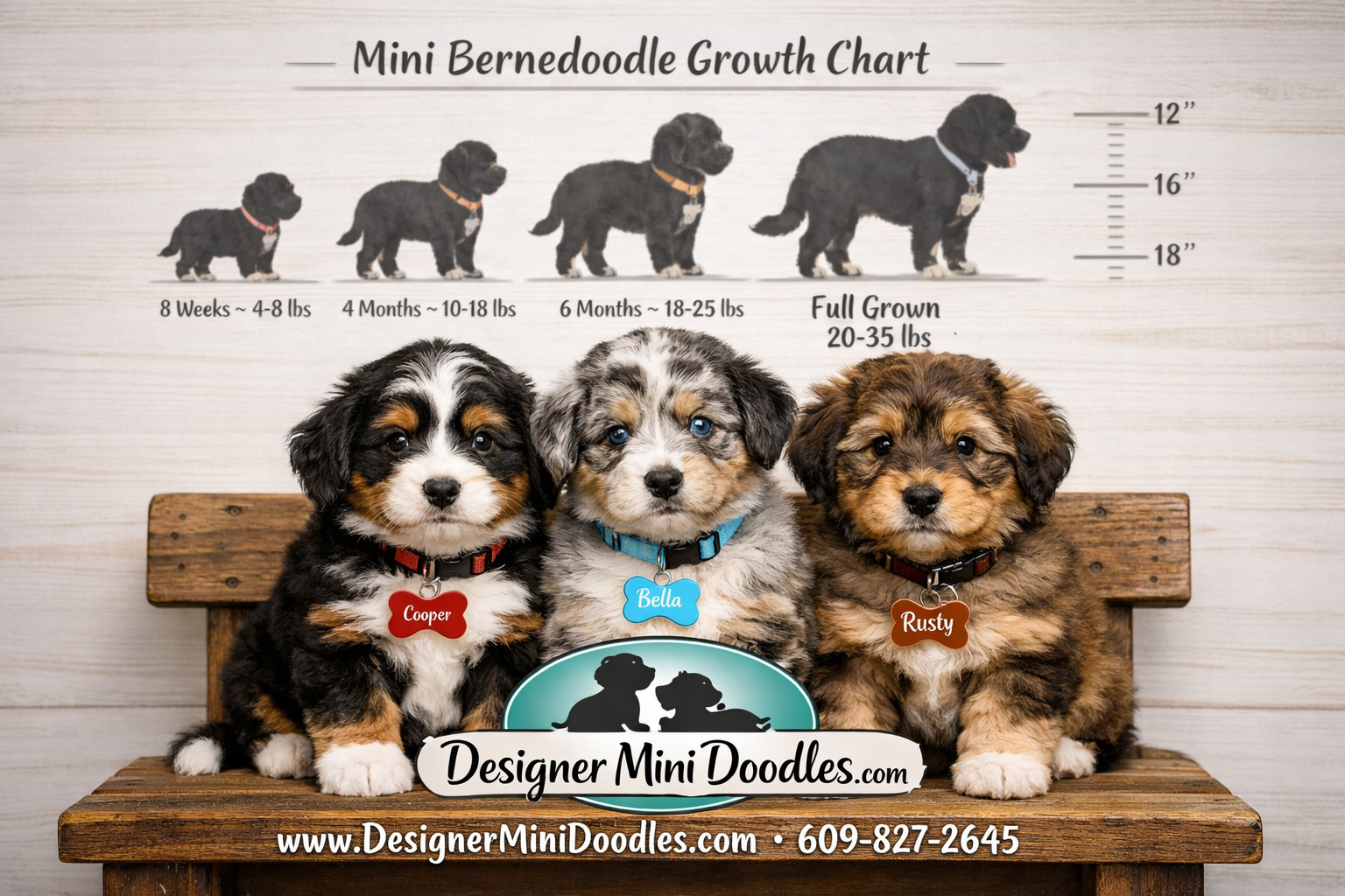 () close-up comparison photo showing three mini bernedoodle puppies side by side on a rustic wooden bench: one tri-color,