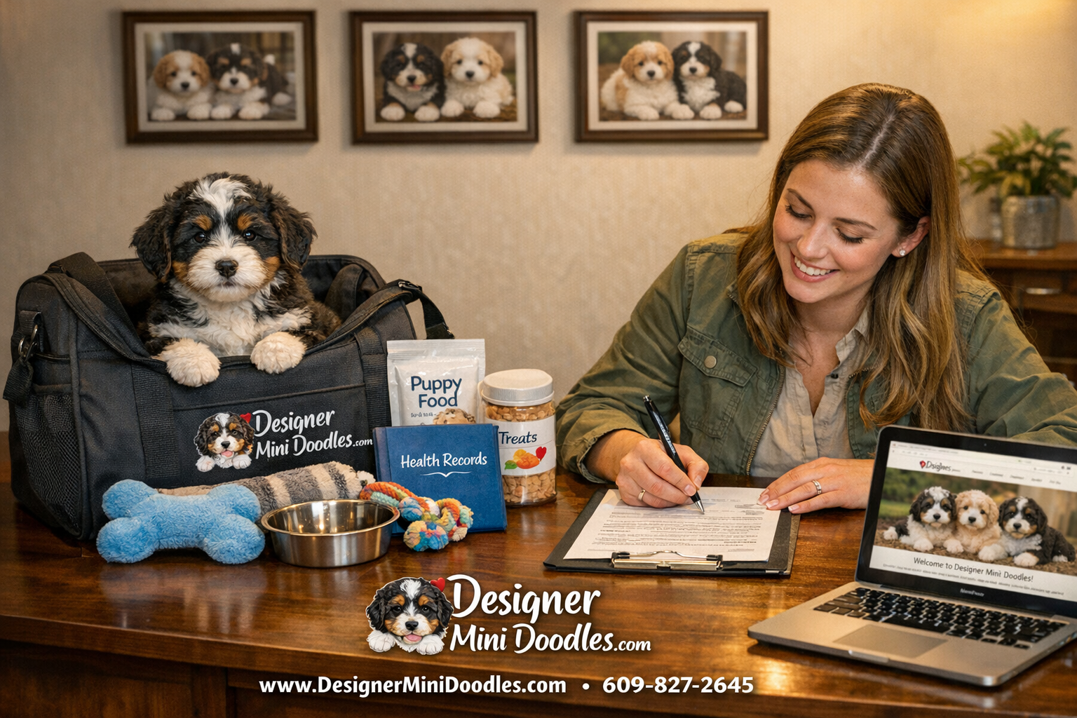 () heartwarming scene of a new puppy owner signing adoption paperwork at a clean, food samples, and health records. The desk