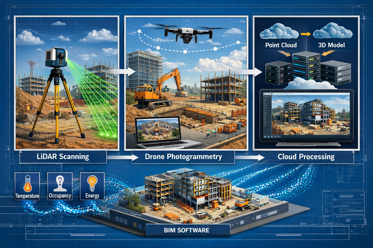 Landscape format (1536x1024) detailed illustration showing the technical architecture of digital twin creation process. Left panel displays