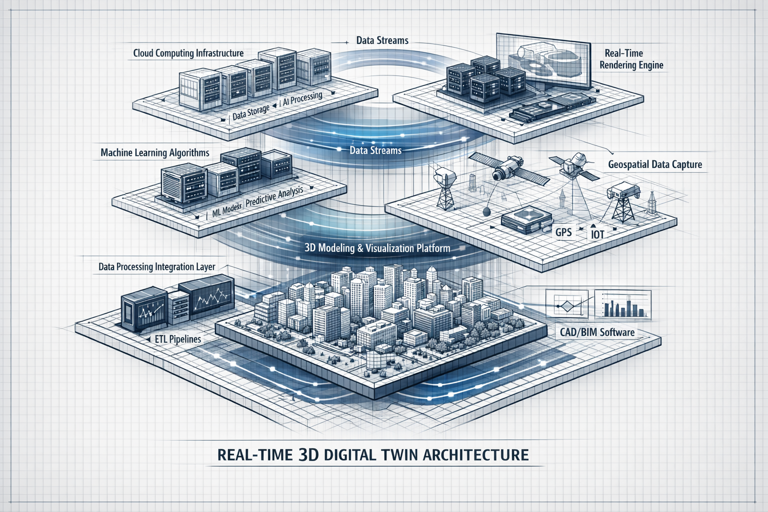 Technical architectural blueprint visualization for Real-Time 3D Digital Twins, featuring layered isometric diagram showing interconnected t